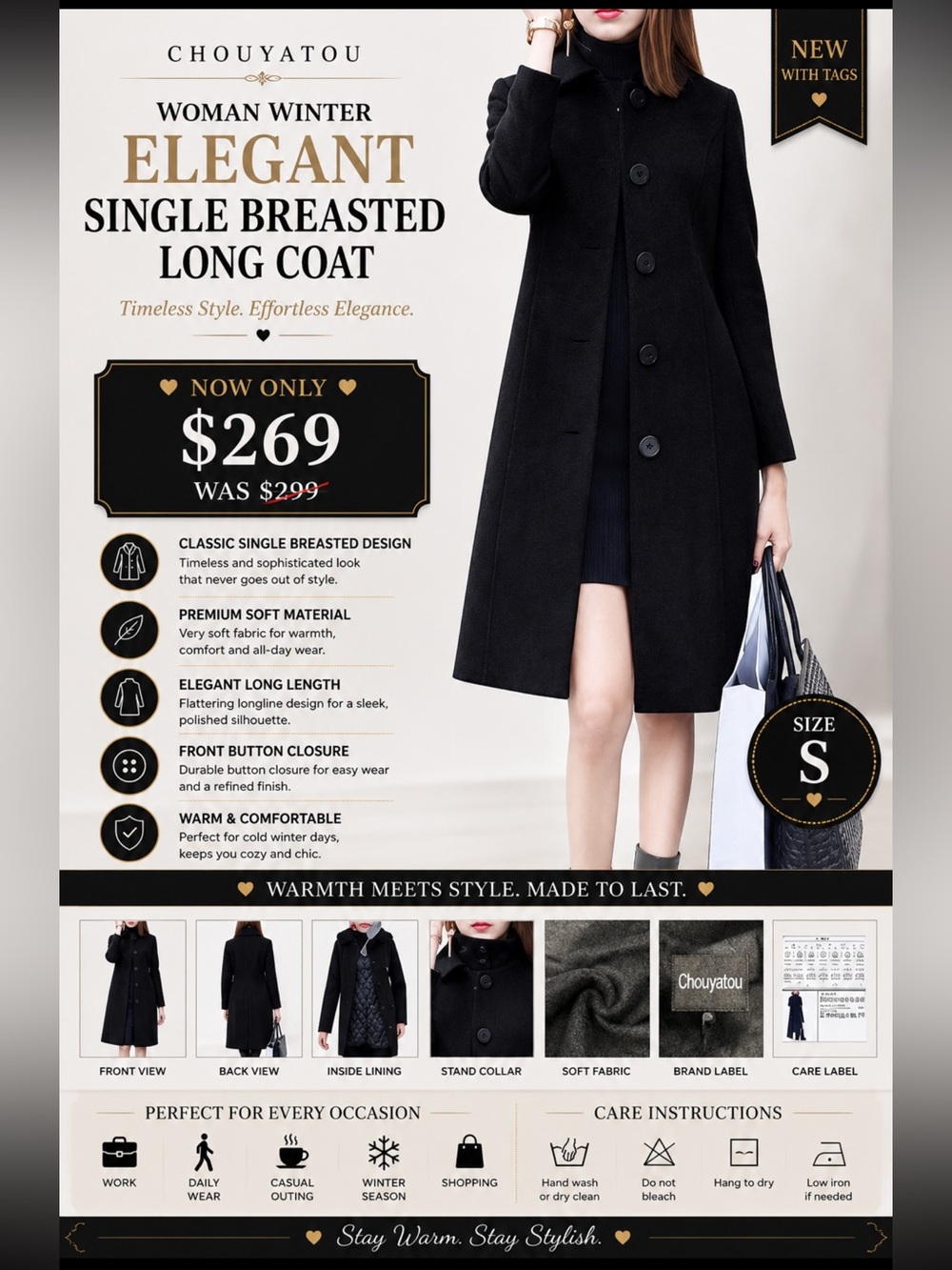 woman winter elegant single breasted long coat size S